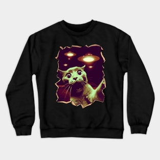 Funny Cat Selfie With UFOs Behind Crewneck Sweatshirt